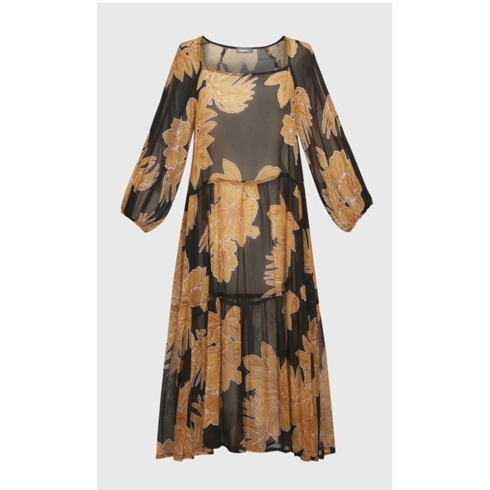 ALEMBIKA Maui Chiffon Dress‎ 1 US 6/8 Black Gold Tiered Sheer Boho Floral Artsy